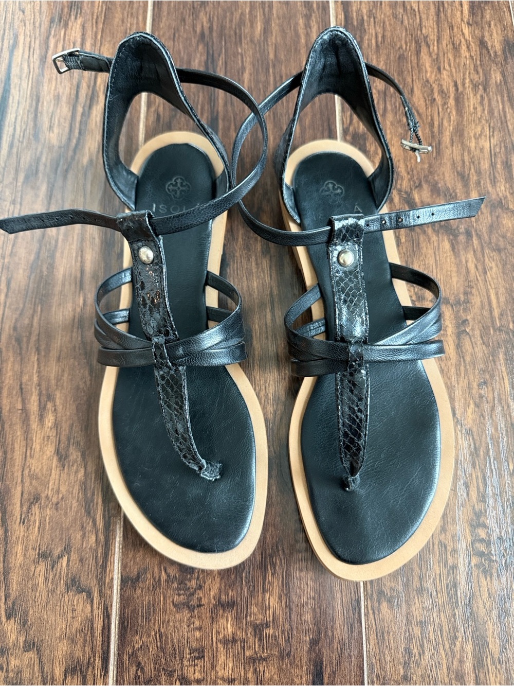 Isola Black Strappy T-Back Sandals with Ankle Wraps